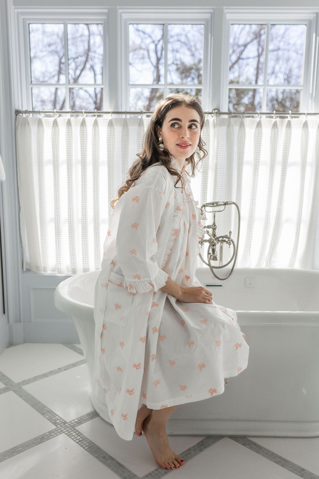 NANCY COTTON RUFFLE EMBROIDERED ROBE - Lenora