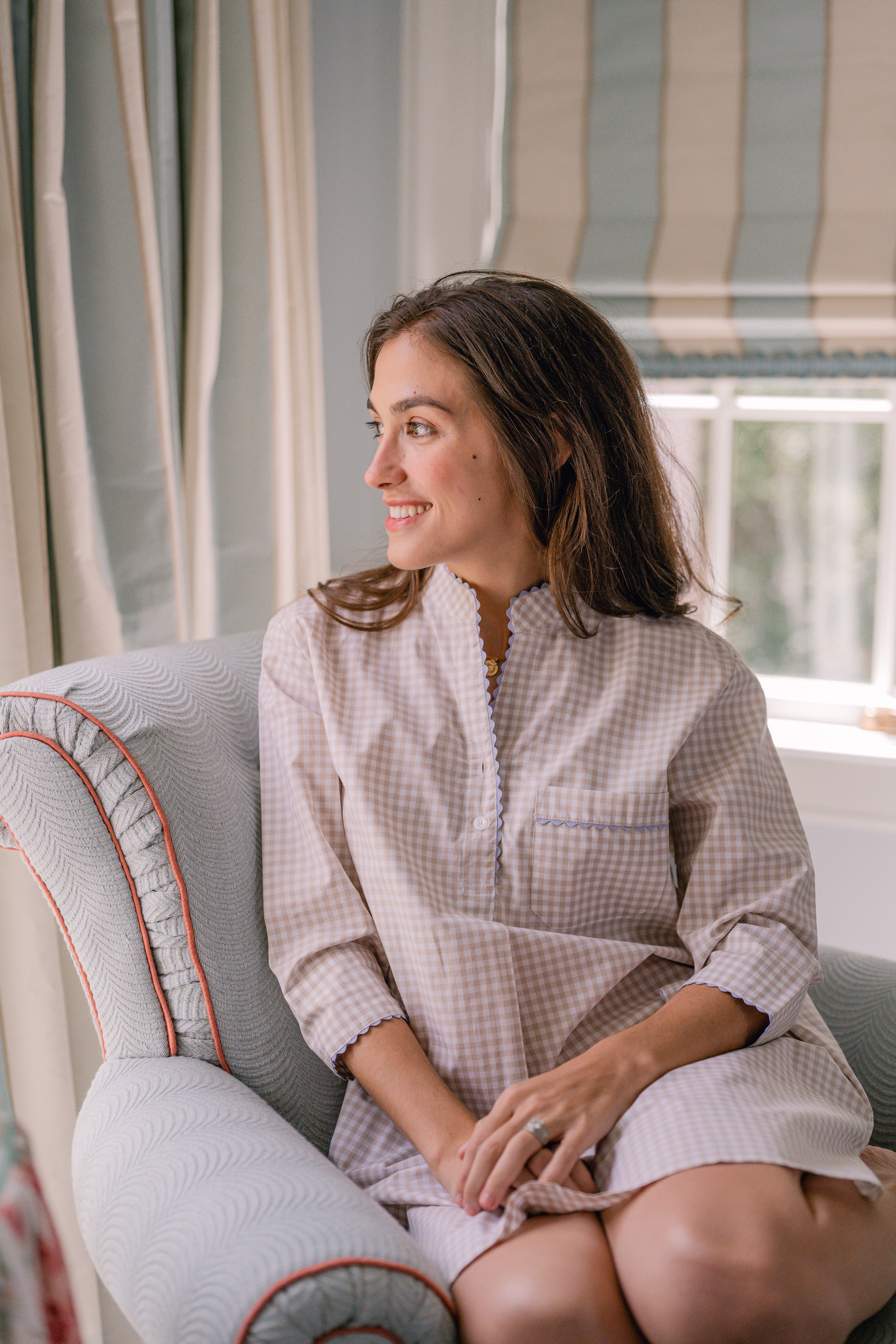 GINGHAM COTTON NIGHTSHIRT WITH RIC RAC TRIM - Lenora