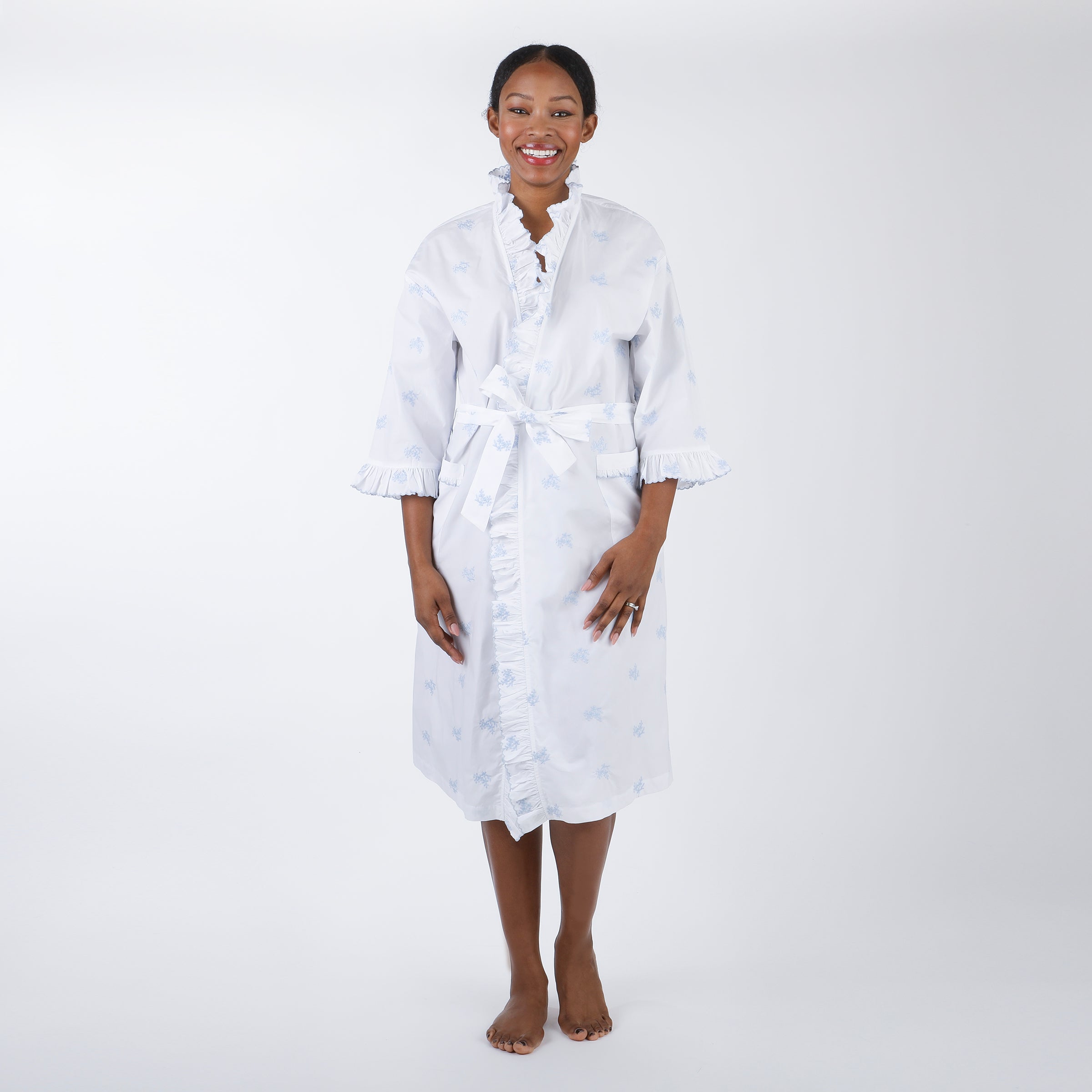 NANCY COTTON RUFFLE EMBROIDERED ROBE - Lenora