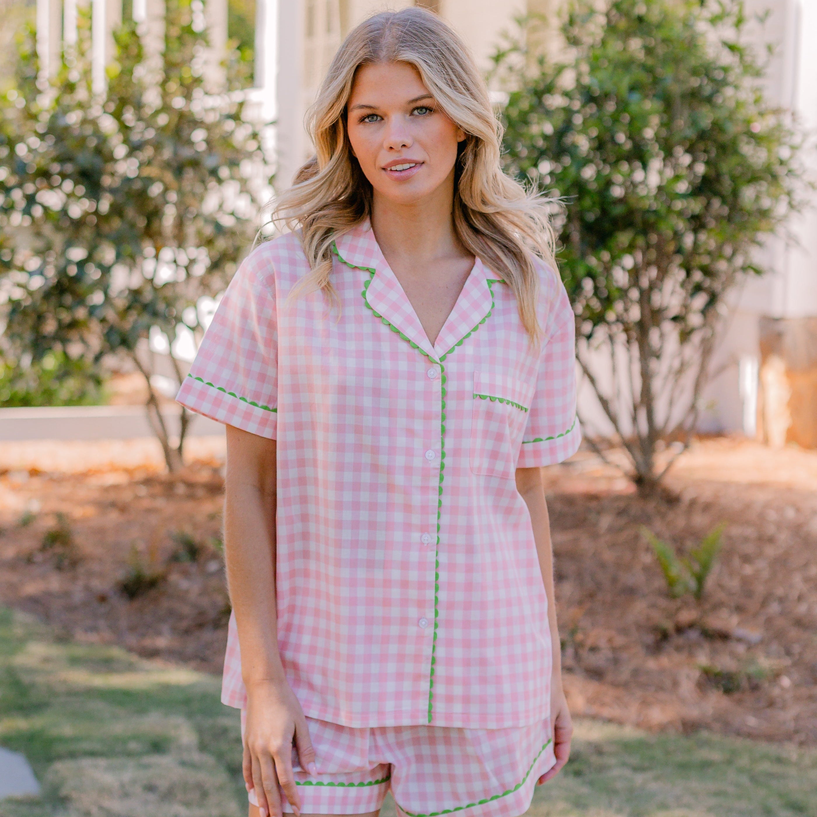 CLASSIC GINGHAM CHECK SHORT PAJAMAS W/ RIC RAK TRIM - Lenora