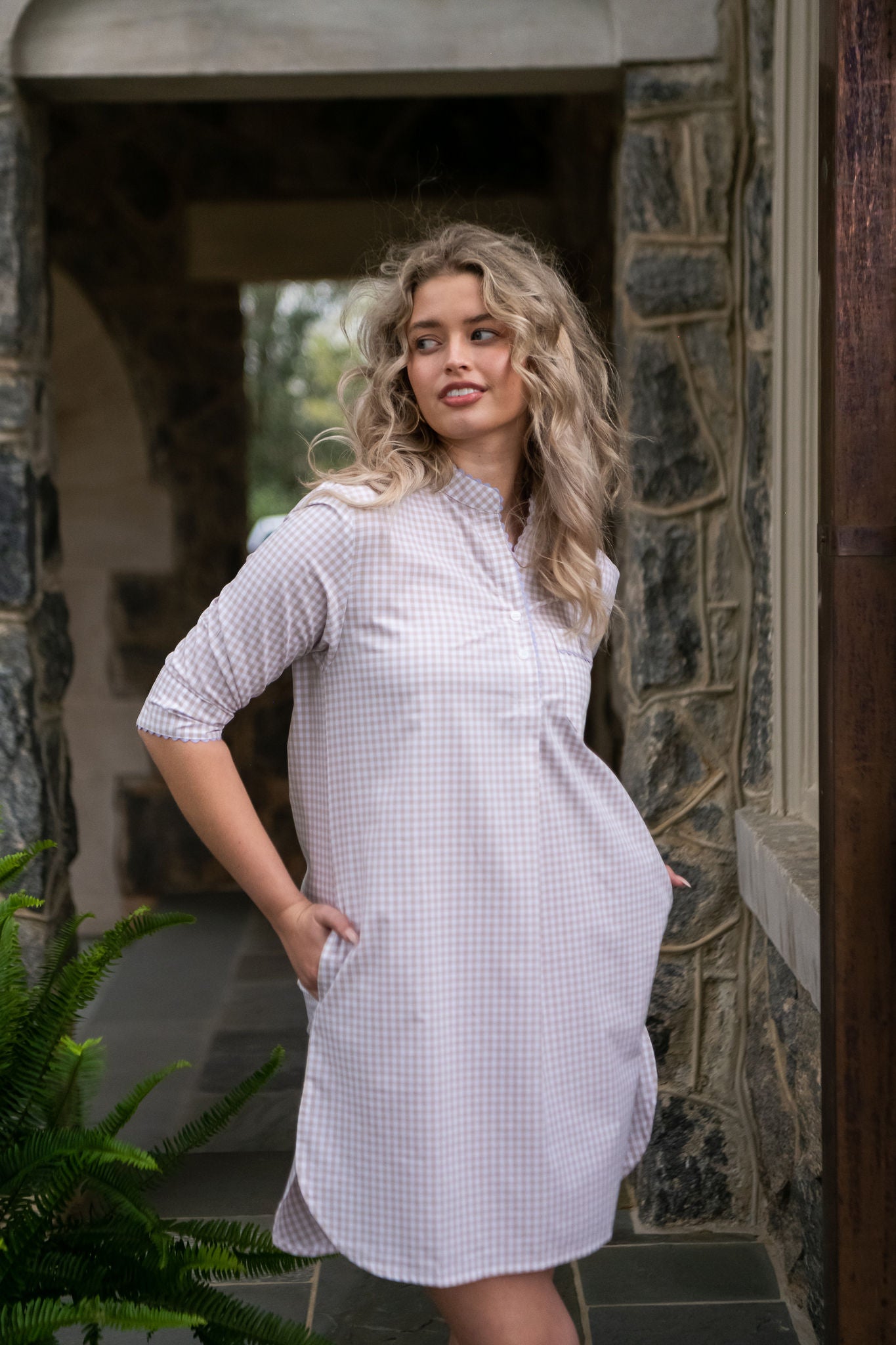 GINGHAM COTTON NIGHTSHIRT WITH RIC RAC TRIM - Lenora