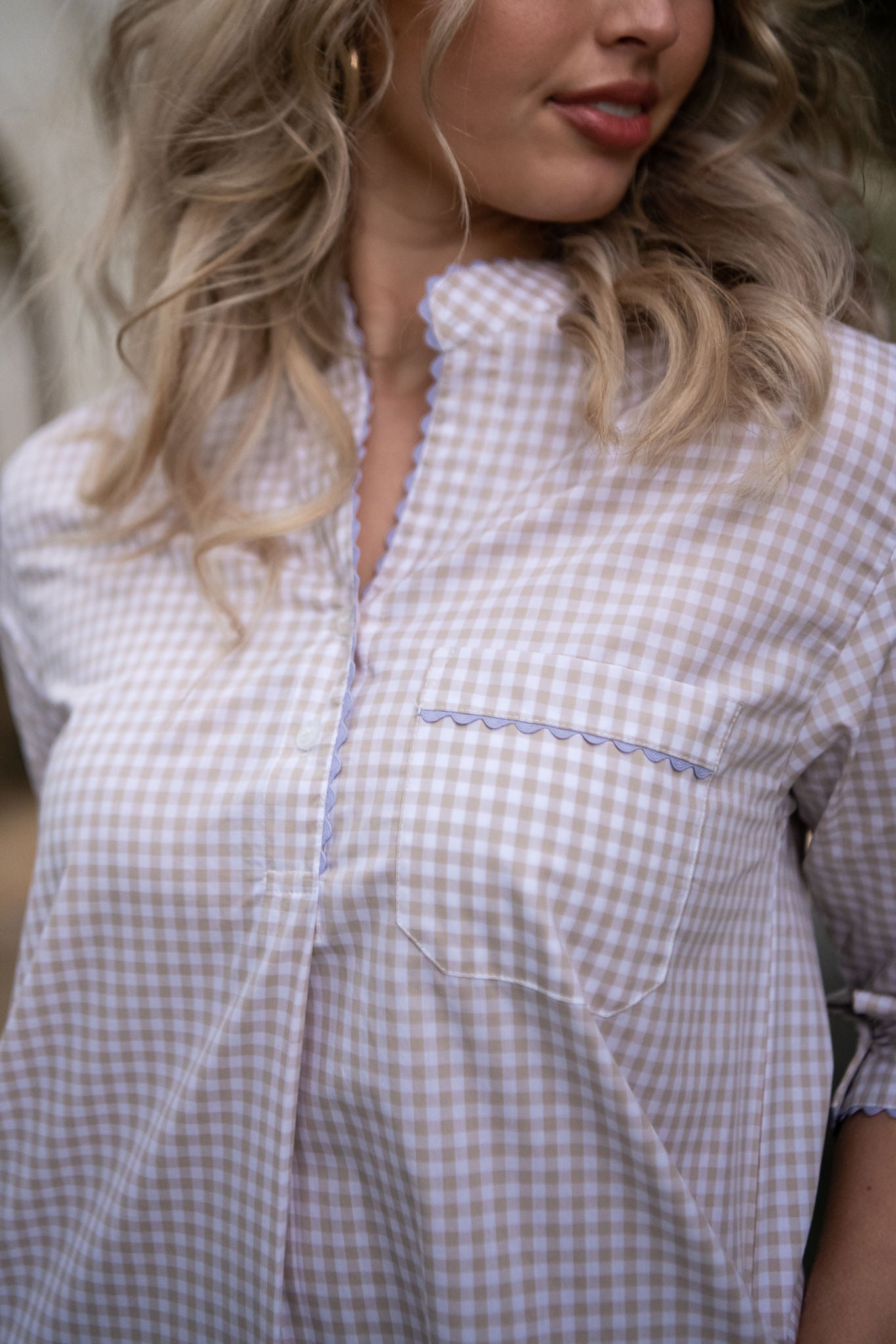 GINGHAM COTTON NIGHTSHIRT WITH RIC RAC TRIM - Lenora