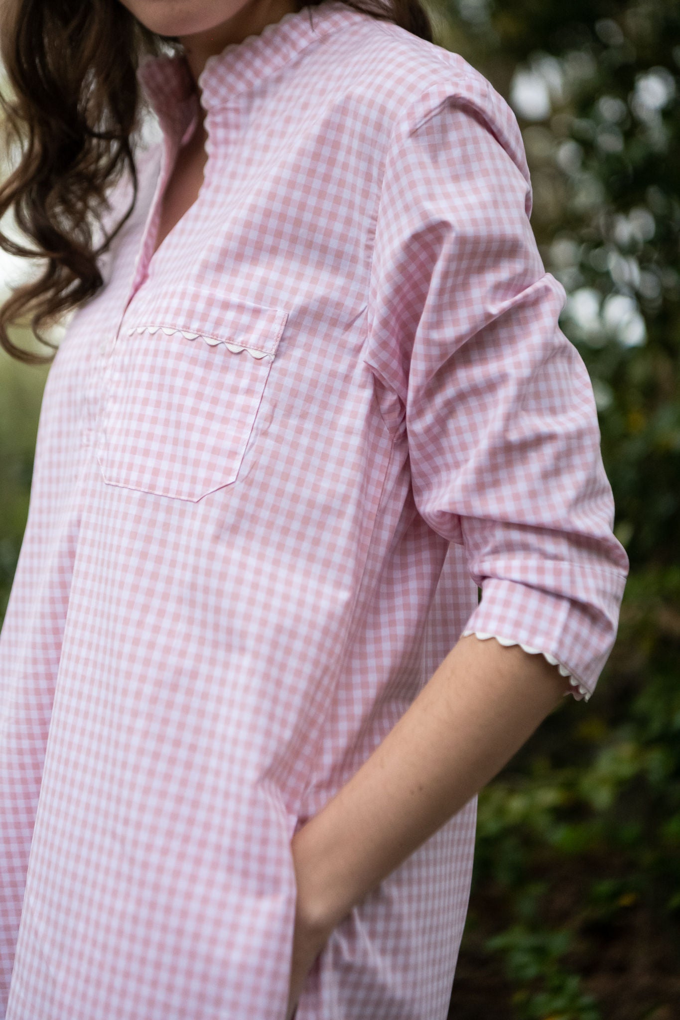 GINGHAM COTTON NIGHTSHIRT WITH RIC RAC TRIM - Lenora