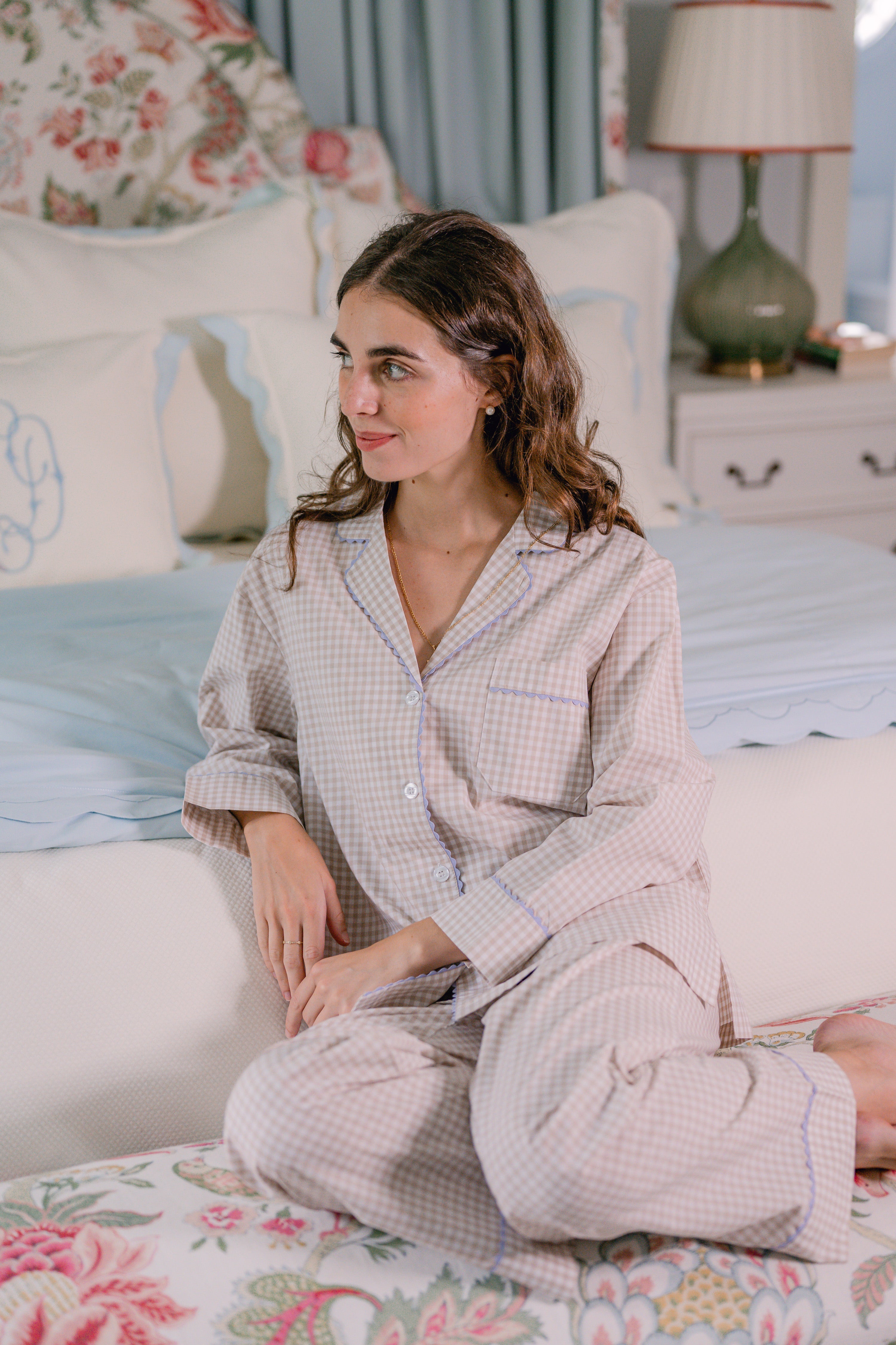 GINGHAM COTTON PAJAMAS W/ RIC RAC TRIM - Lenora