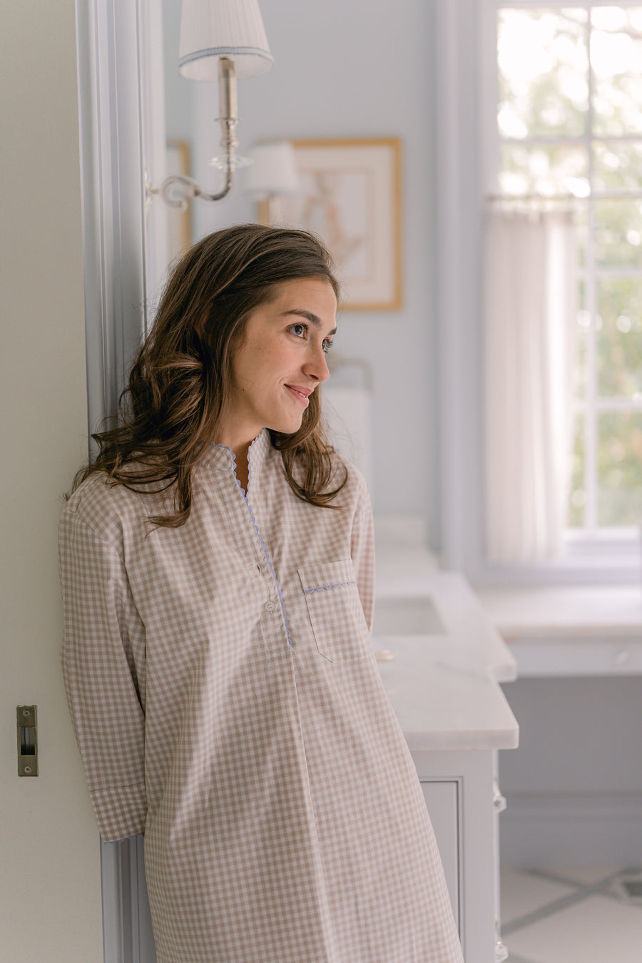 GINGHAM COTTON NIGHTSHIRT WITH RIC RAC TRIM - Lenora