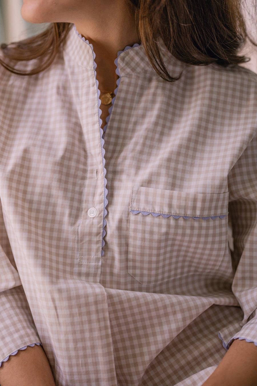 GINGHAM COTTON NIGHTSHIRT WITH RIC RAC TRIM - Lenora