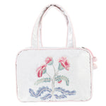 Embroidered carnation hanging cosmetic bag with pink trim by Lenora