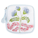 Embroidered carnation jewelry box with blue trim by Lenora