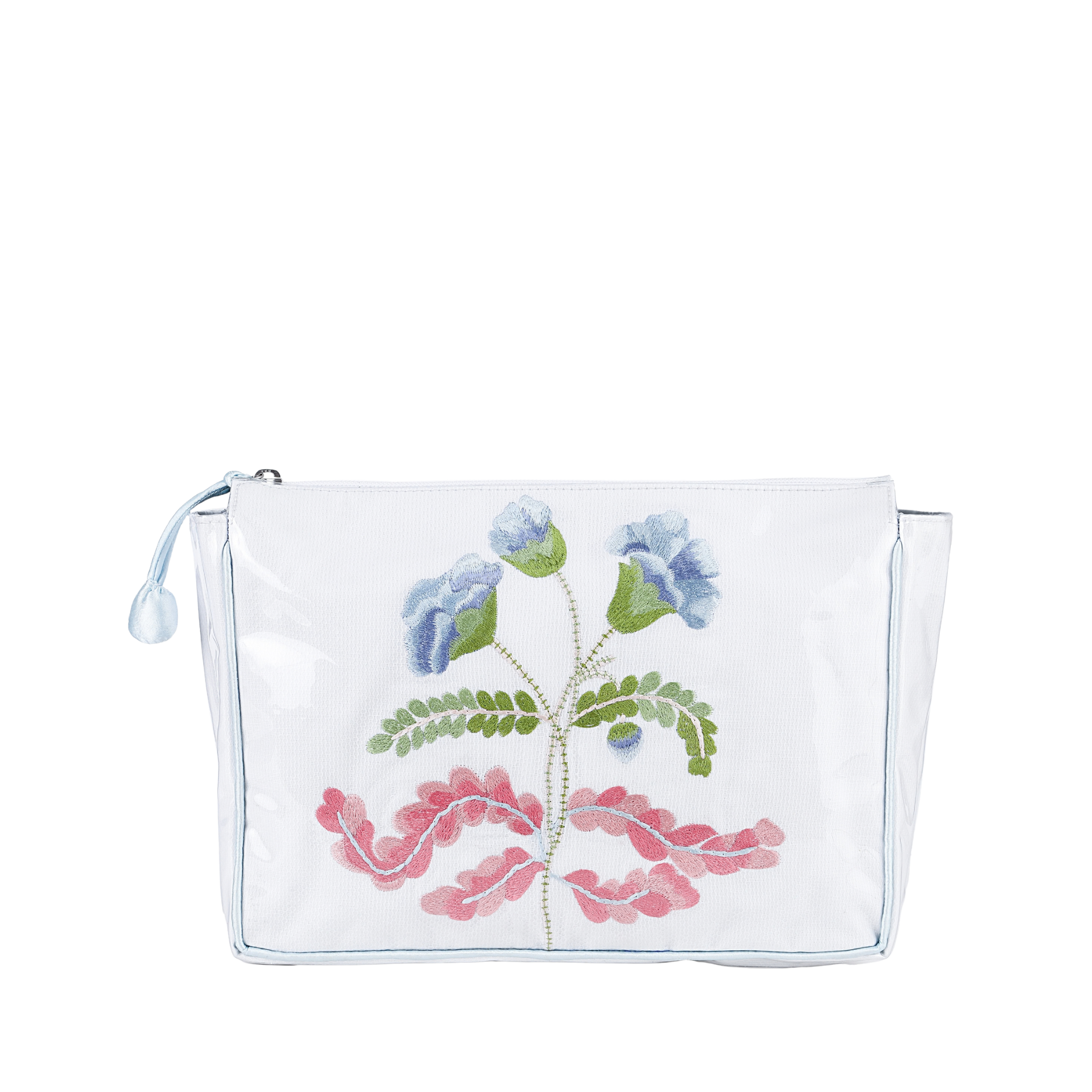Embroidered carnation large makeup bag with blue trim by Lenora
