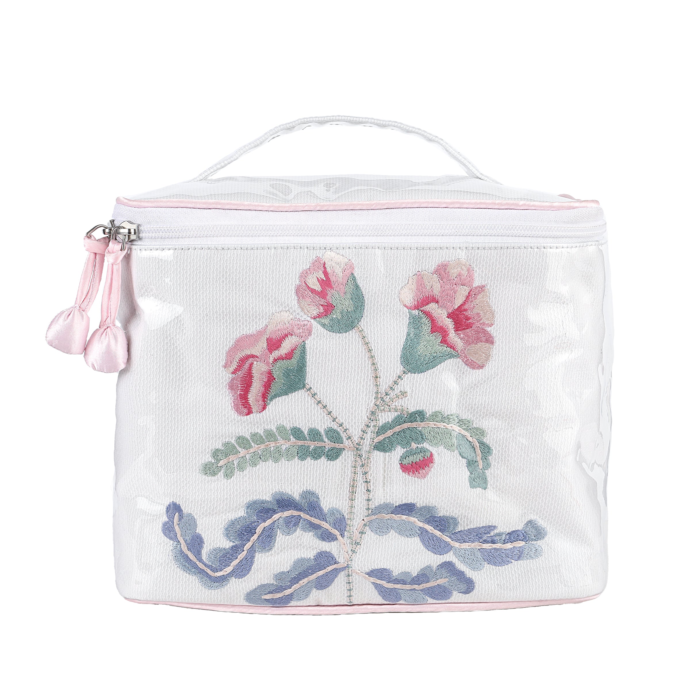 Embroidered carnation train case with pink trim by Lenora