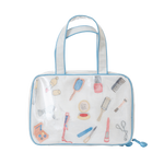 Embroidered essentials hanging travel bag with blue trim by Lenora