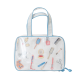 Embroidered essentials hanging travel bag with blue trim by Lenora