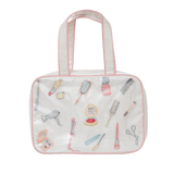 Embroidered essentials hanging travel bag with pink trim by Lenora