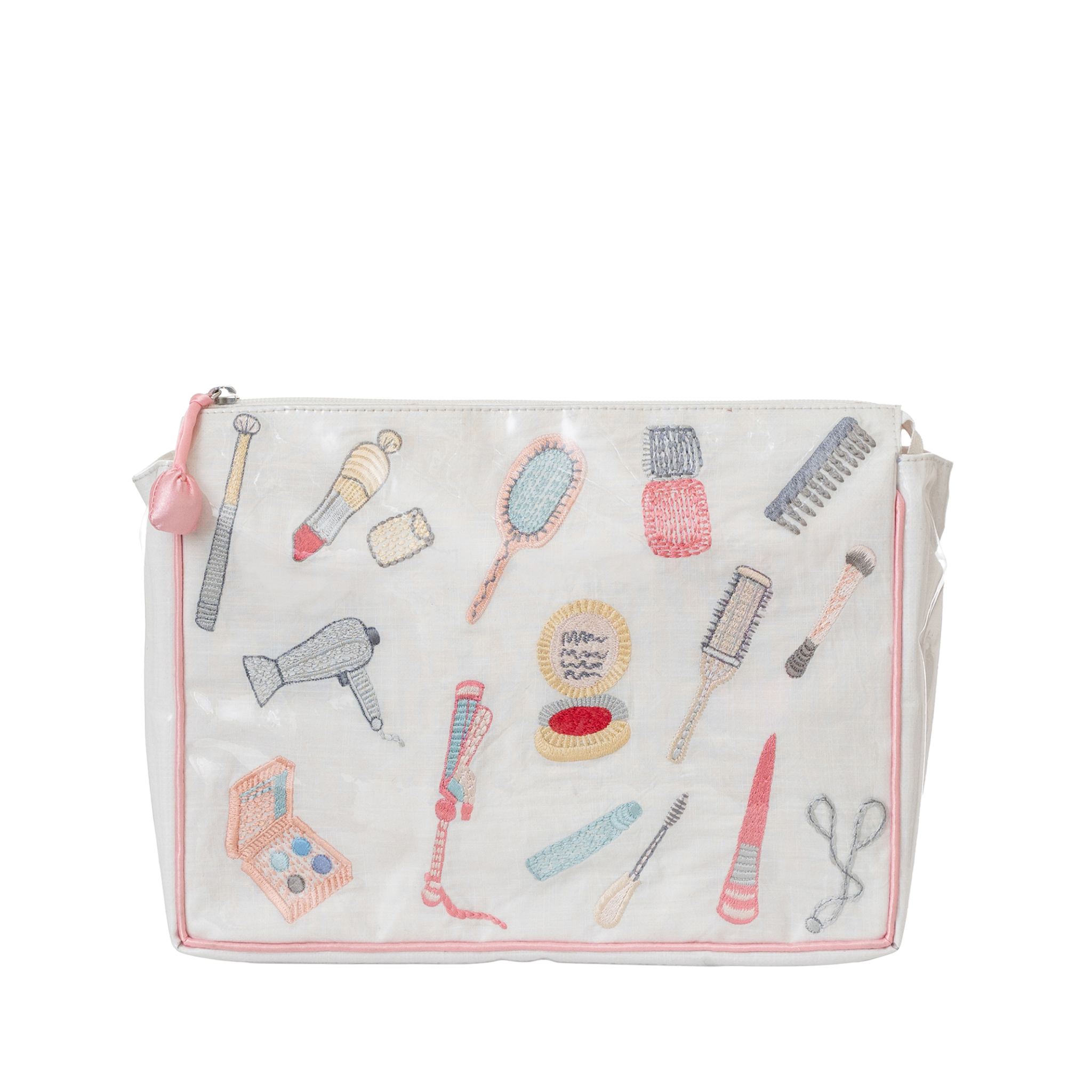 Embroidered essentials large makeup bag with pink trim by Lenora