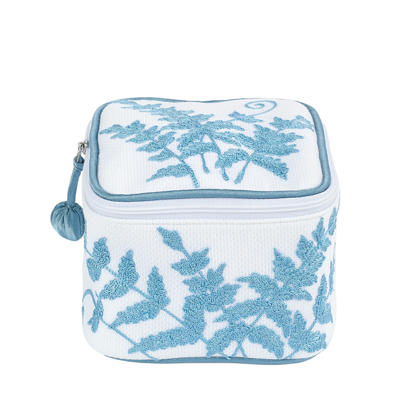 Embroidered fern jewelry box in blue by Lenora