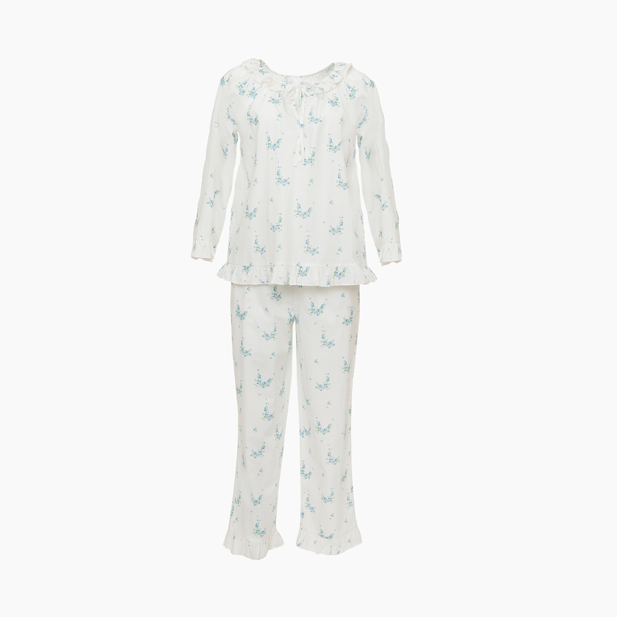 Lucy cotton ruffle long pajamas in blue floral by Lenora