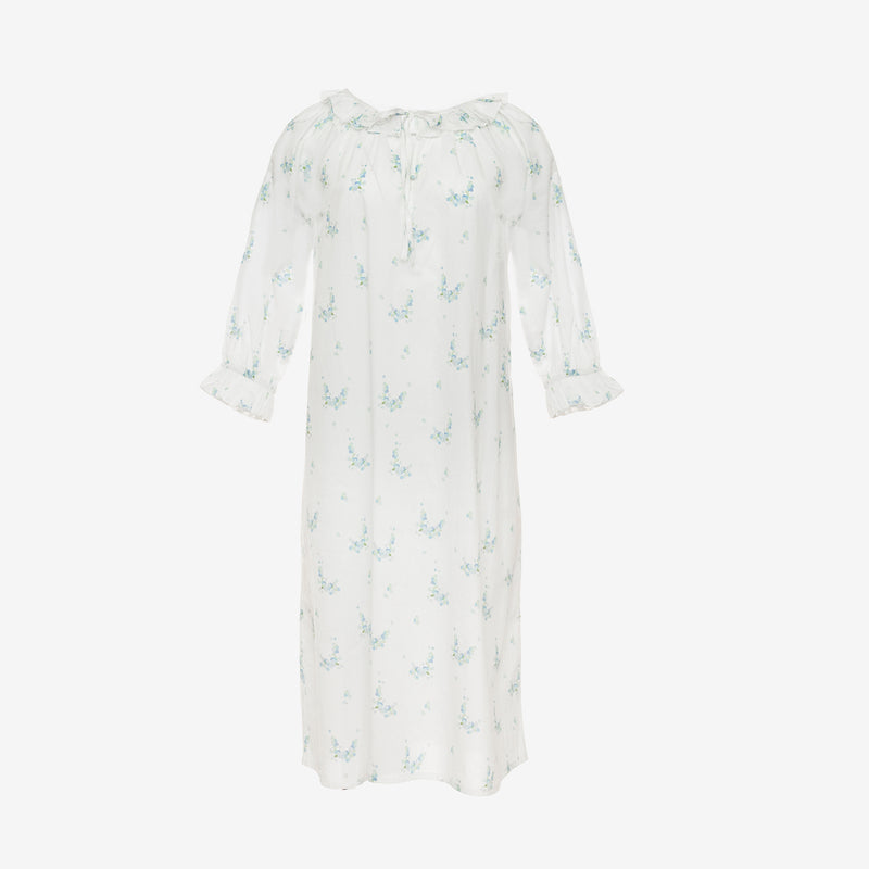 Lucy ruffle cotton long nightgown in blue floral by Lenora