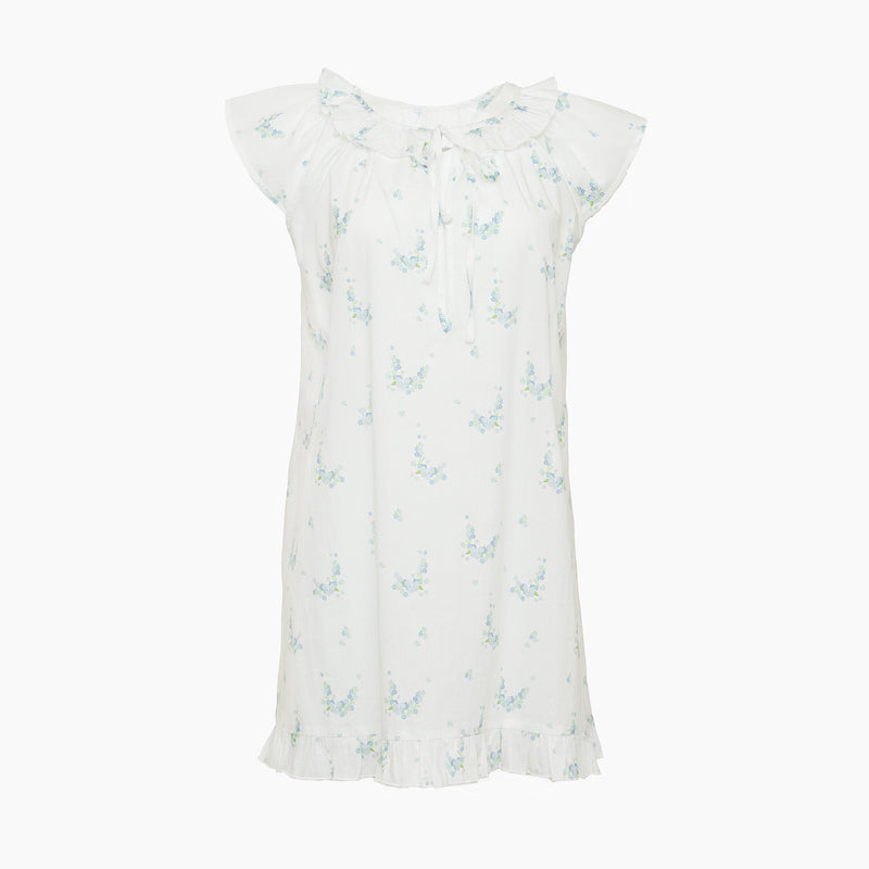 Lucy ruffle cotton short nightgown in blue floral by Lenora