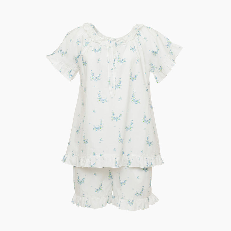 Lucy ruffle short pajamas in blue floral by Lenora