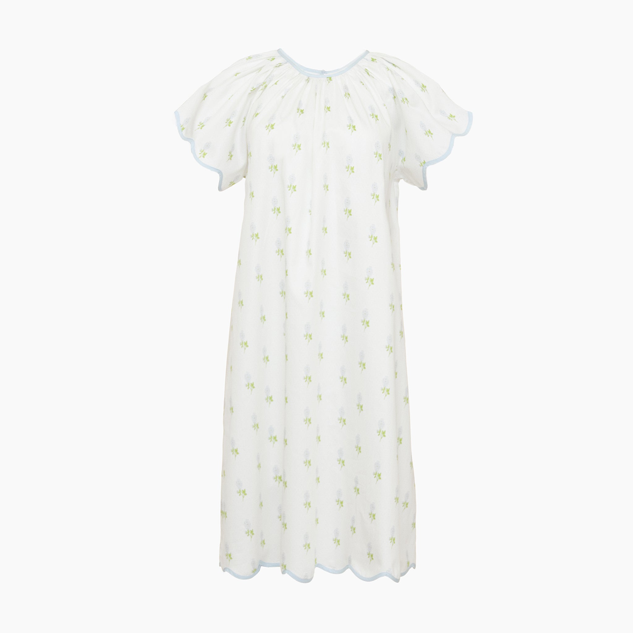 Vandy scalloped tape trim nightgown in blue pansy floral by Lenora