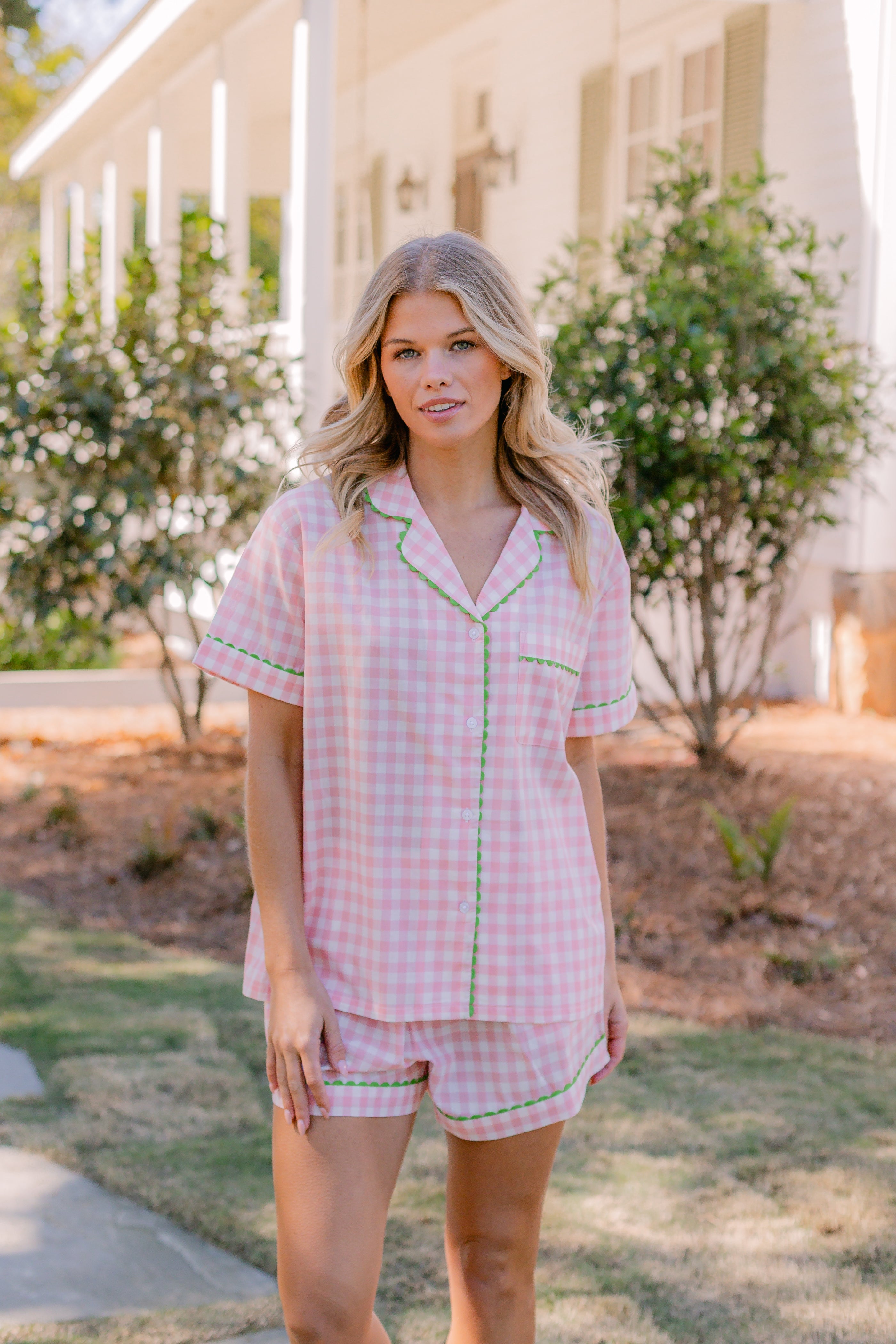 CLASSIC GINGHAM CHECK SHORT PAJAMAS W/ RIC RAK TRIM - Lenora