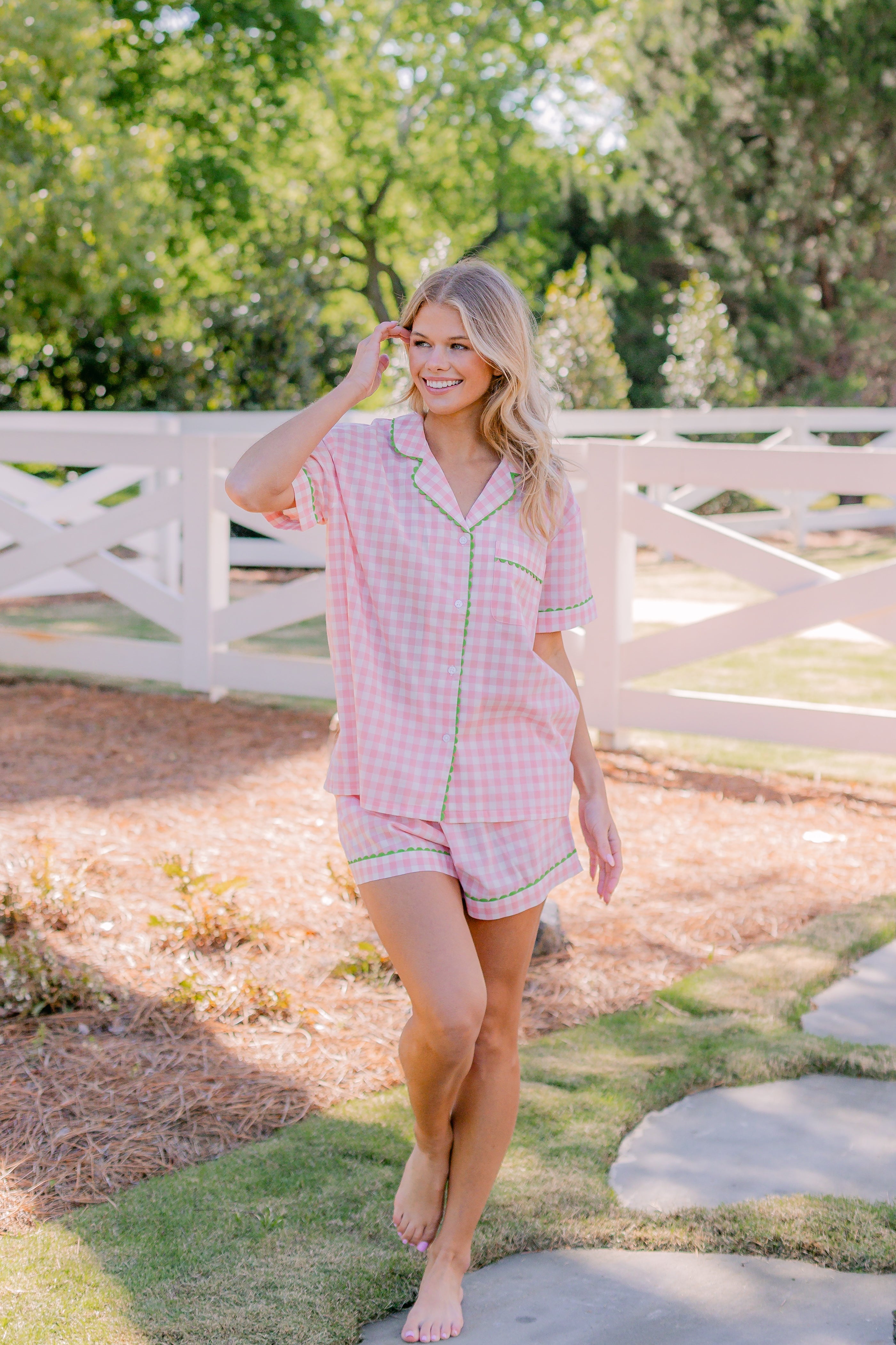 CLASSIC GINGHAM CHECK SHORT PAJAMAS W/ RIC RAK TRIM - Lenora