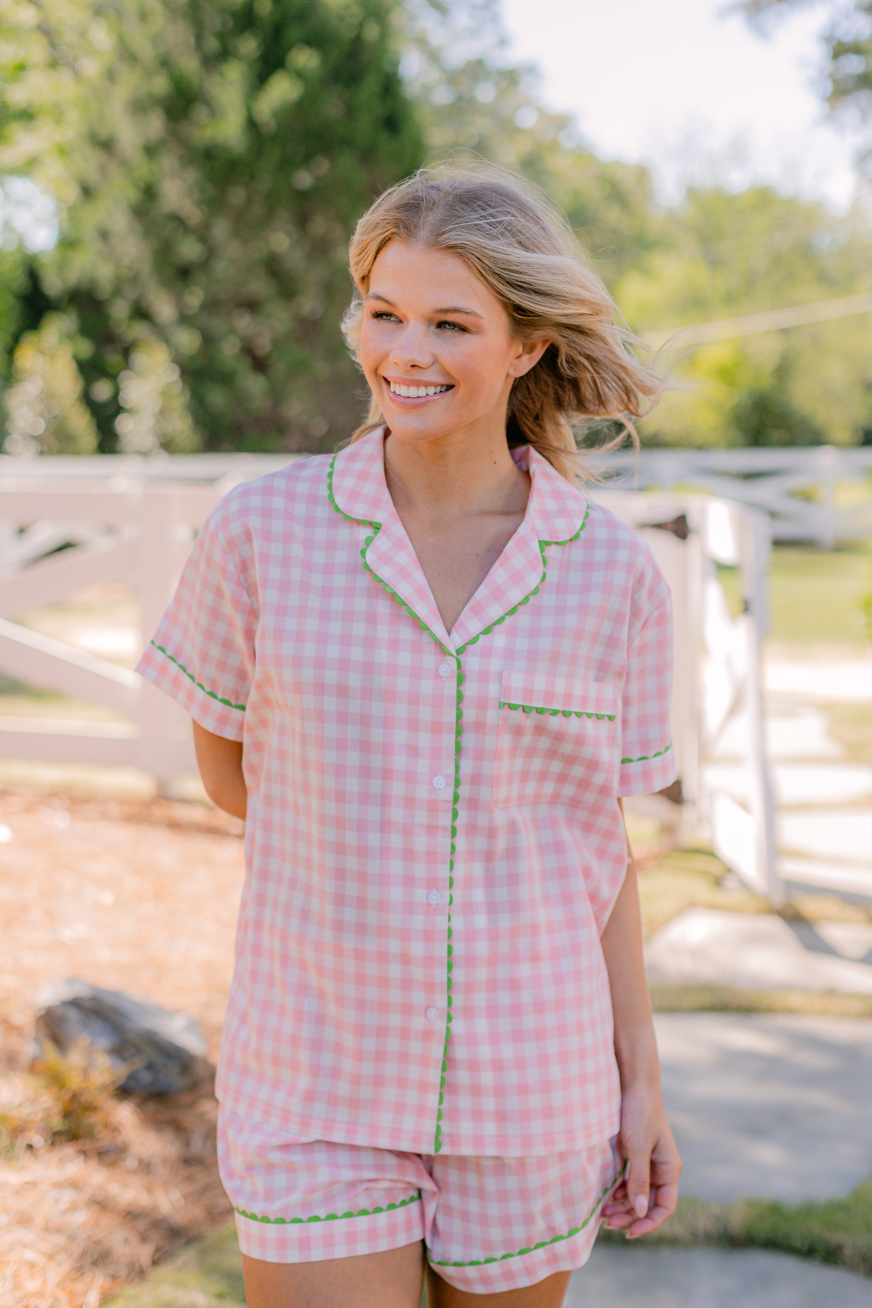 CLASSIC GINGHAM CHECK SHORT PAJAMAS W/ RIC RAK TRIM - Lenora