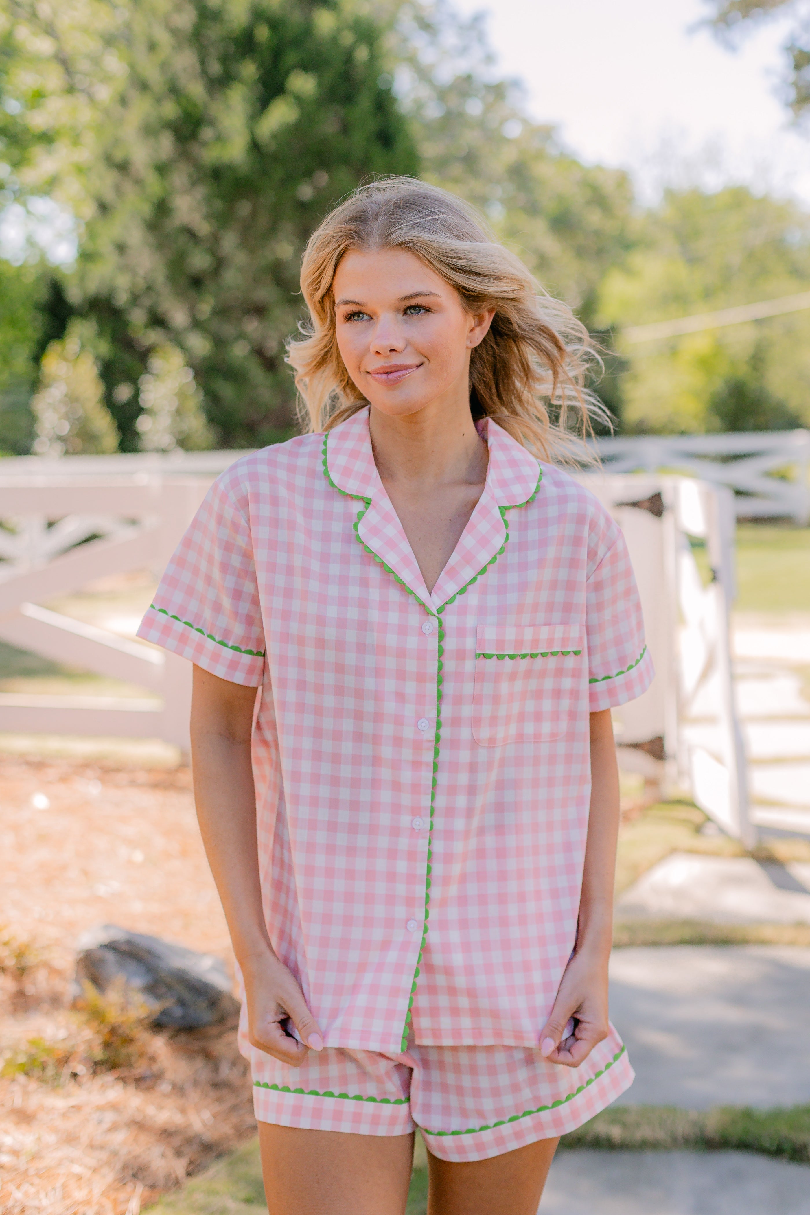 CLASSIC GINGHAM CHECK SHORT PAJAMAS W/ RIC RAK TRIM - Lenora