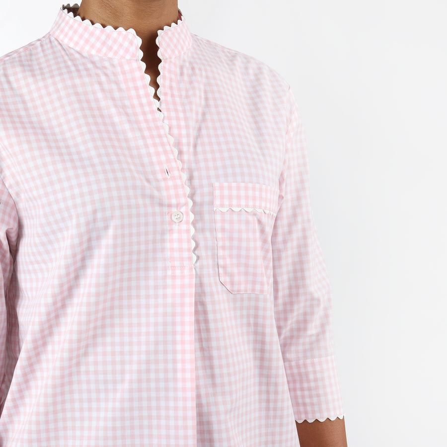 GINGHAM COTTON NIGHTSHIRT WITH RIC RAC TRIM - Lenora