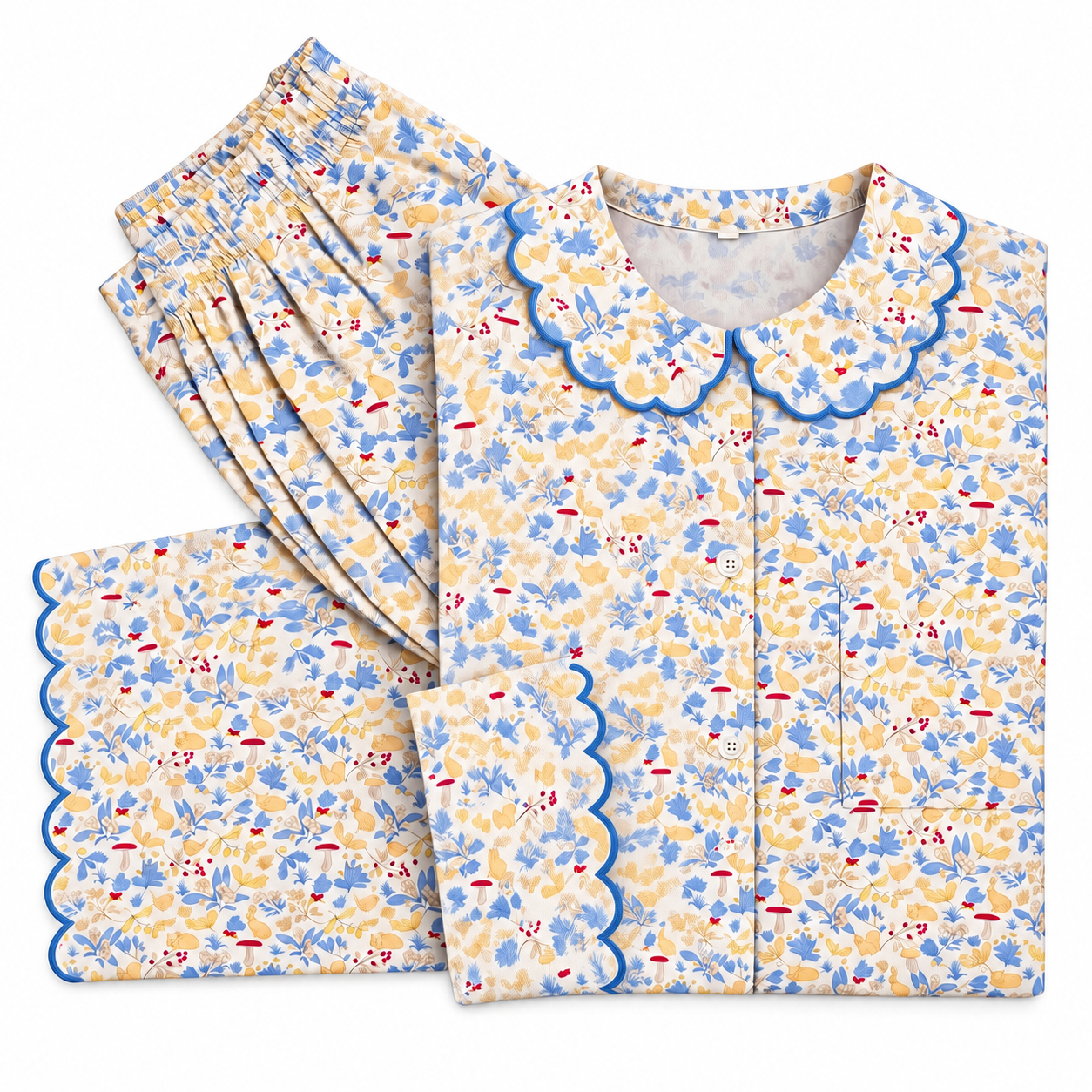 Peter Pan collar cotton pajamas in a custom blue fall harvest print by Lenora